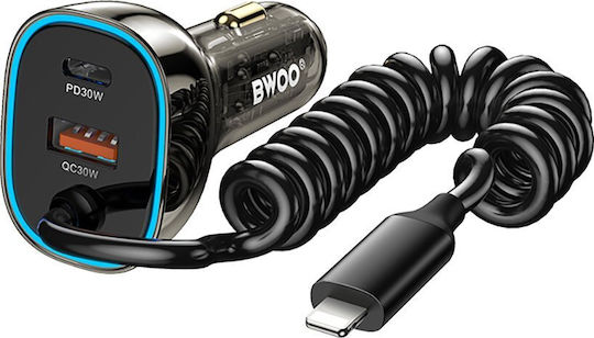 BWOO Încărcător Auto 30W Încărcare Rapidă cu Porturi: 1xUSB 1xType-C împreună cu Cablu Lightning Negru Culoare