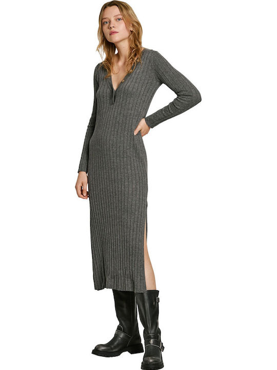 Midi Seersucker Dress Knitted Grey