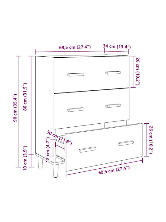Wooden Chest of Drawers Oaks 69.5x34x90cm
