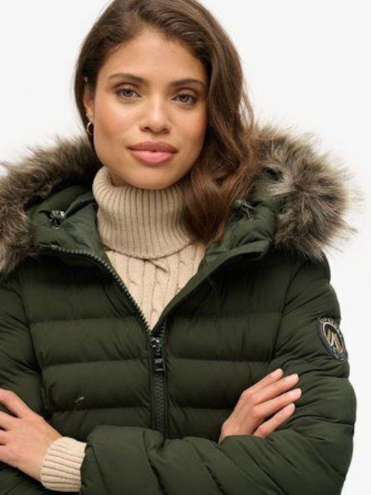 Fuji Faux Women's Puffer Jacket for Winter with Hood SURPLUS GOODS OLIVE GREEN
