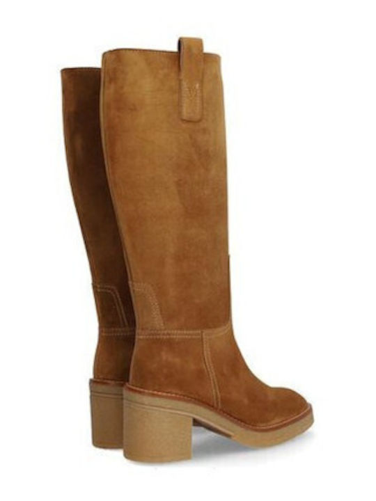 Leather Medium Heel Women's Boots Tabac Brown