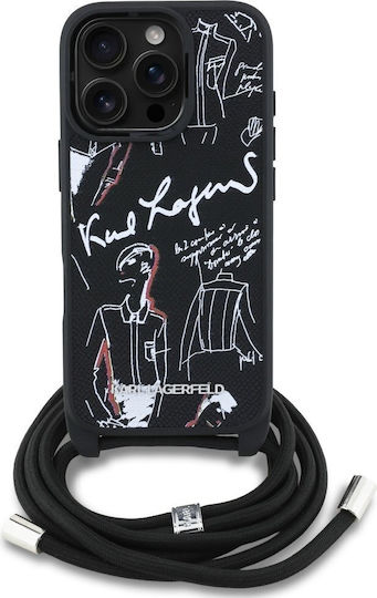 Karl Lagerfeld Grained Pattern Umschlag Rückseite Leder / Kunststoff / Silikon mit Band Schwarz (iPhone 17 Pro / iPhone 16 Pro)
