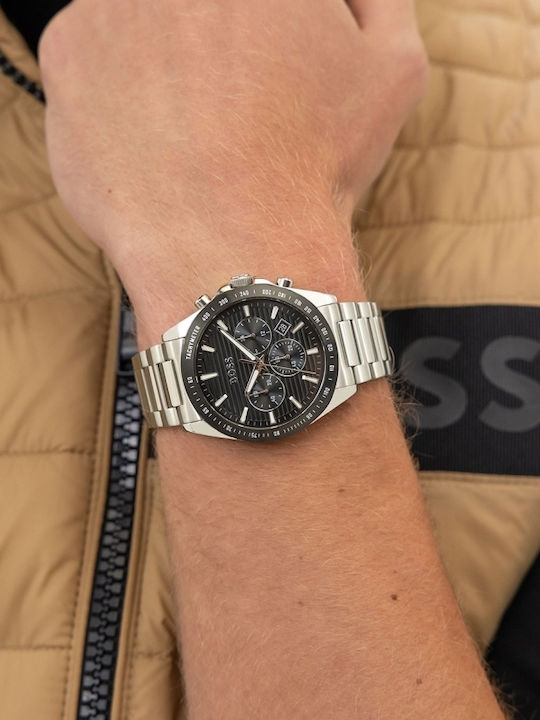 Boss Strike Ανδρικό Ρολόι 41mm Χρονογράφος Μπαταρίας με Ασημί Μεταλλικό Μπρασελέ