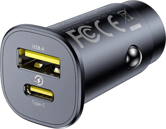 Baseus Φορτιστής Αυτοκινήτου 30W με Θύρες: 1xUSB 1xType-C Μαύρο Χρώμα