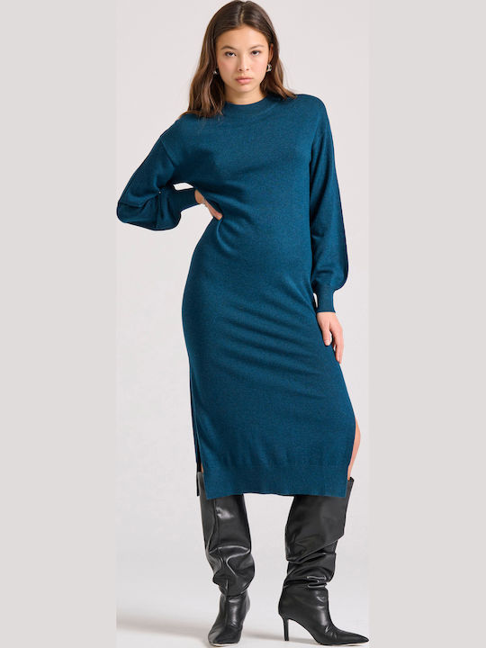 Midi Φόρεμα Πλεκτό με Σκίσιμο Teal