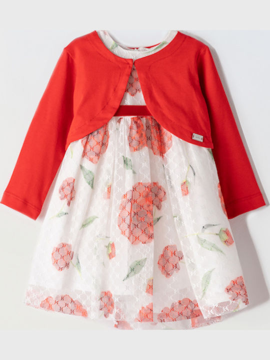 Set Rochii pentru Copii Cu mâneci lungi Floral Set cu Palton White-red