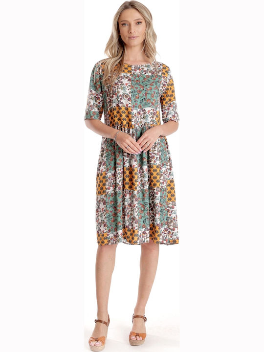 Sommer Midi Damenkleid Creme Senf Grün