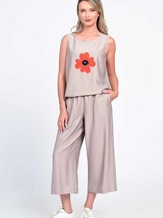 Damen Beige Set mit Hose mit Gummizug in Lockerer Passform Blumen