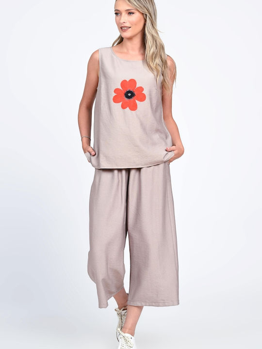 Damen Beige Set mit Hose mit Gummizug in Lockerer Passform Blumen