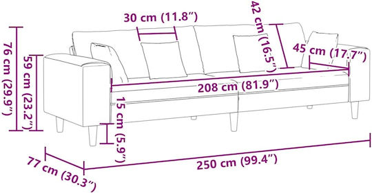 Four Seater Couch Black 250x77x76 cm