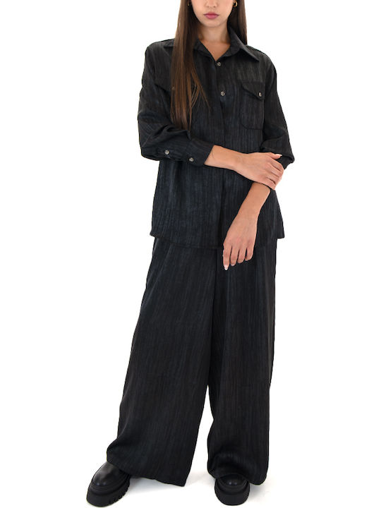 Women's Satin Long Sleeve Shirt Black