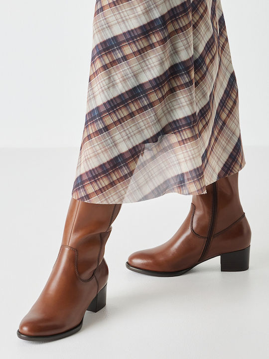 Leather Medium Heel Women's Boots Tabac Brown