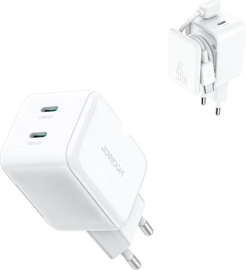 Joyroom GaN Charger with 2 USB-C Output Ports and USB-C Cable USB-C 45W Power Delivery White