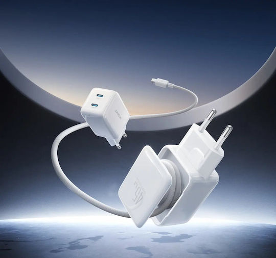 Joyroom GaN Charger with 2 USB-C Output Ports and USB-C Cable USB-C 45W Power Delivery White