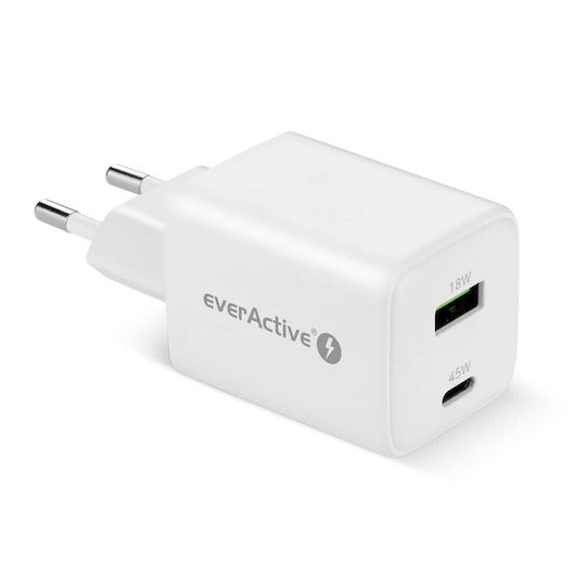 everActive Φορτιστής Χωρίς Καλώδιο GaN με Θύρα USB-A και Θύρα USB-C 45W Power Delivery Λευκός (SC-450Q)