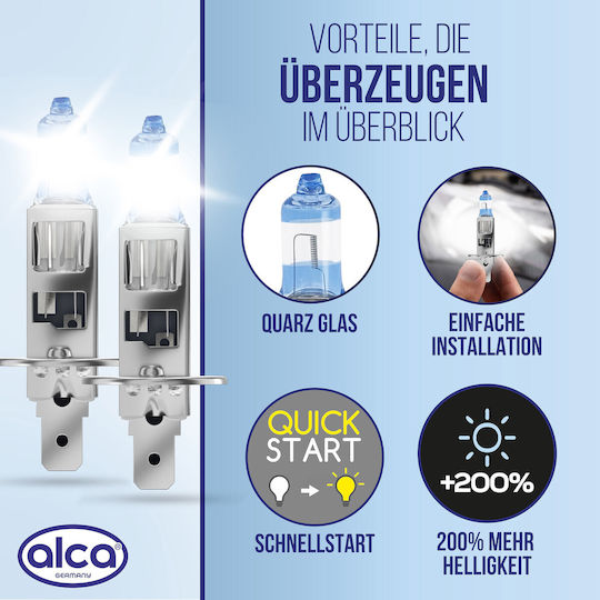 Alca 2 Pieces H1 Halogen Lamp Car I P14.5s I 12v 55w Halogen Headlight Lamp I +200% More Brightness I White Light I E-mark I Vehicle