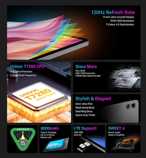 Teclast T50 Plus 2025 4G 11" Tablet (8GB/256GB) Γκρι