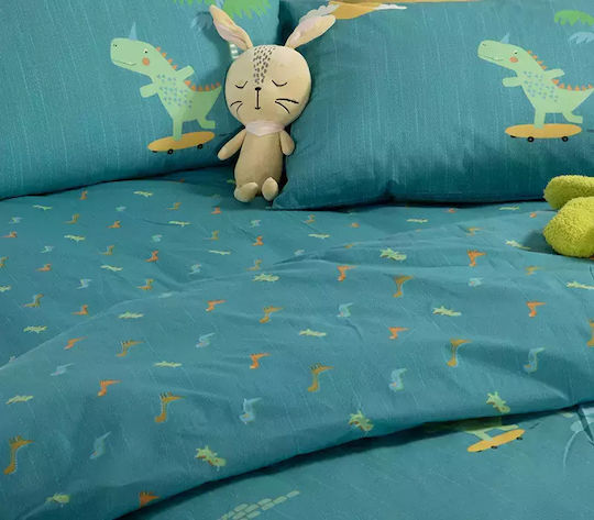 Nef-Nef Homeware Dinos On Wheels Σετ Παιδική Παπλωματοθήκη Μονή με Μαξιλαροθήκη Βαμβακερή Petrol 160x240εκ.