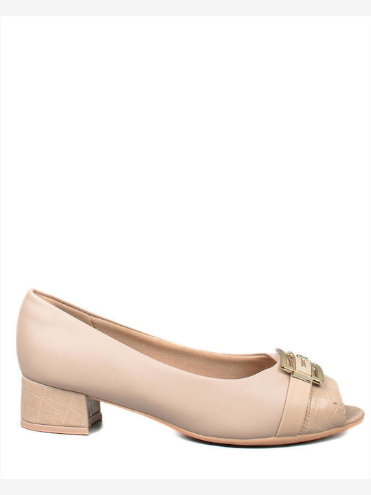 Peep Toe Γόβες με Χαμηλό Τακούνι Μπεζ