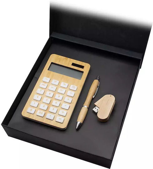 Premium Set Cadou Bambus Calculator Stilou Usb Cod 1804