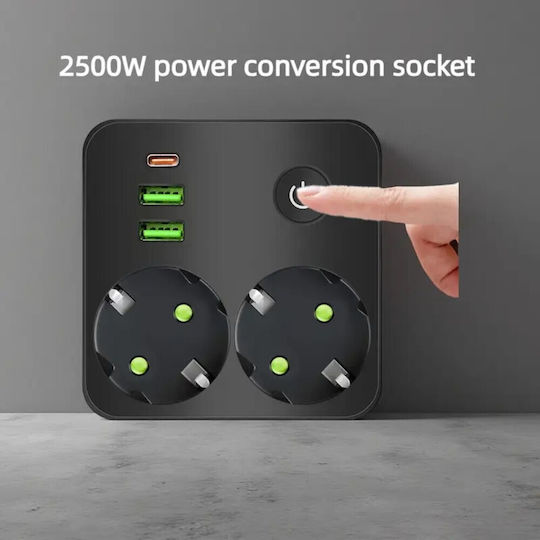 Bandă de alimentare Securitate 2 Prize cu 2 USB-A, USB-C și Comutator Fara fir