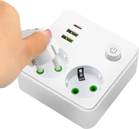 Bandă de alimentare Securitate 2 Prize cu 2 USB-A, USB-C și Comutator Fara fir