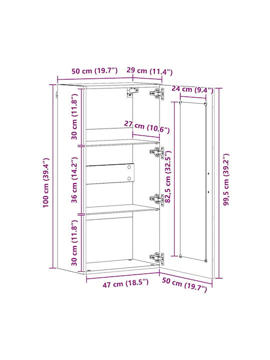 Wall Living Room Display Cabinet made of Particleboard with Glass Coffee 55x29x100cm