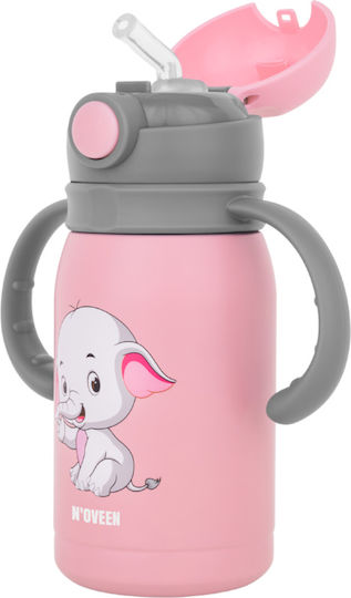 N'Oveen Kinderflasche Thermos Rostfreier Stahl mit Strohhalm Rosa 300ml