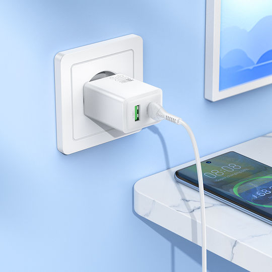 Hoco Φορτιστής GaN με Θύρα USB-A και Θύρα USB-C και Καλώδιο USB-C - USB-C 30W Power Delivery Λευκός (N71 Nuevo)