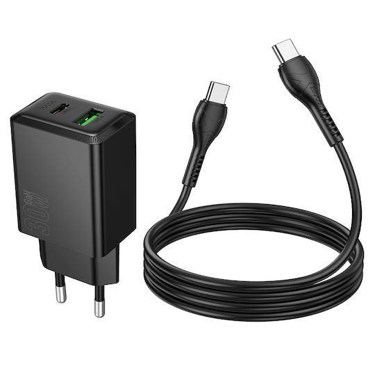 Hoco Charger GaN with USB-A Port and USB-C Port and Cable USB-C - USB-C 30W Power Delivery Blacks (N71 Nuevo)