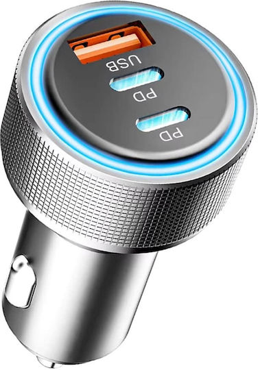 Techsuit Φορτιστής Αυτοκινήτου 60W Γρήγορης Φόρτισης με Θύρες: 2xUSB 2xType-C μαζί με Καλώδιο Type-C Ασημί Χρώμα