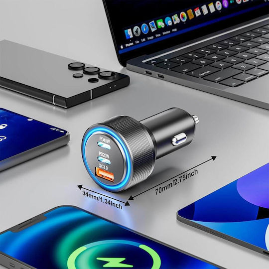 Techsuit Φορτιστής Αυτοκινήτου 60W Γρήγορης Φόρτισης με Θύρες: 2xUSB 2xType-C μαζί με Καλώδιο Type-C Ασημί Χρώμα