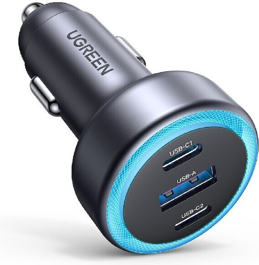 Ugreen EC307 Car Charger 30W 3A with Ports: 1xUSB 2xType-C