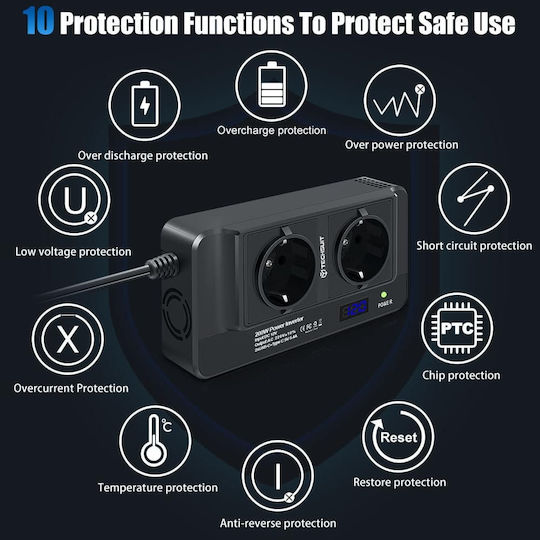 Techsuit Инвертор за кола 200W за преобразуване на 12V DC в 220V AC с 3xUSB