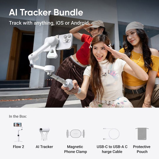 Insta360 Flow 2 AI Tracker Bundle Phone Gimbal with 3 Axis Stabilization and 10 Operating Hours Gray