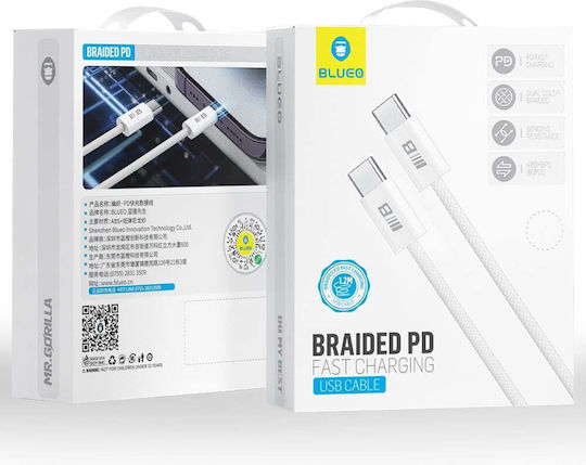 Blueo Braided USB 2.0 Cable USB-C male - USB-C 100W Λευκό 2m