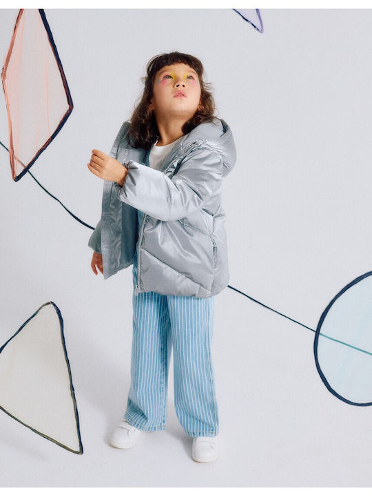 Kids Quilted Short Coat with Lining and Hood Silver