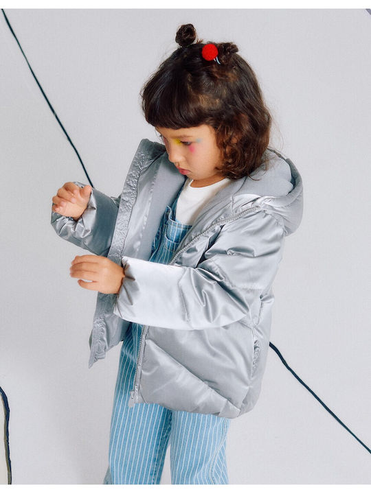 Kids Quilted Short Coat with Lining and Hood Silver