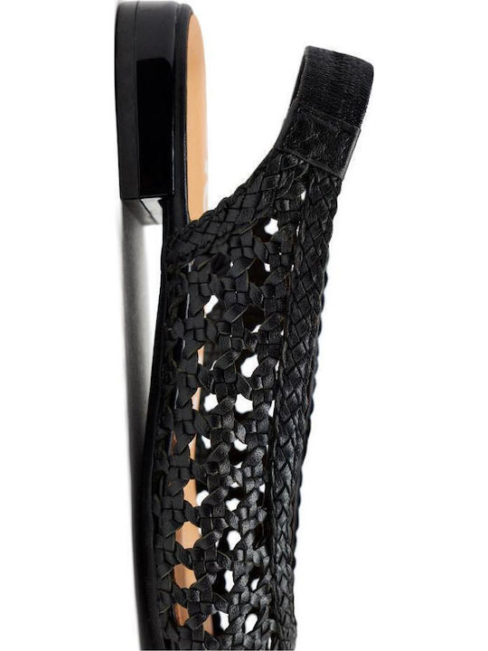 Δερμάτινες Γυναικείες Μπαλαρίνες Slingback με Λουράκι σε Μαύρο Χρώμα