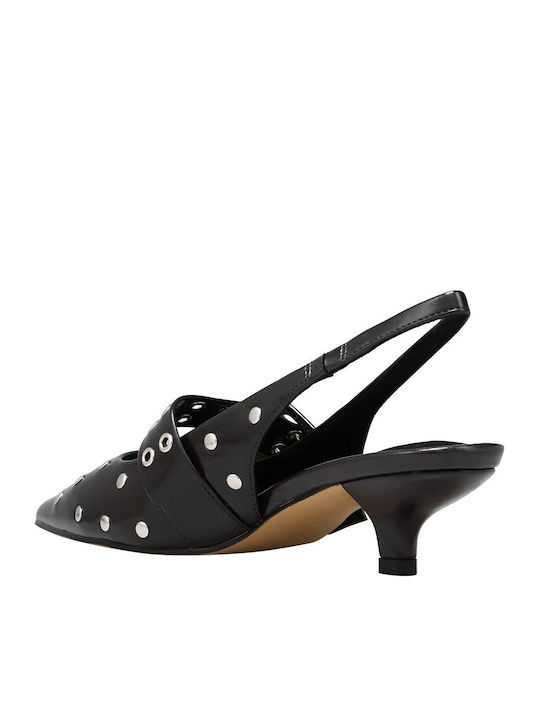 Synthetic Leather Black Low Heels with Strap