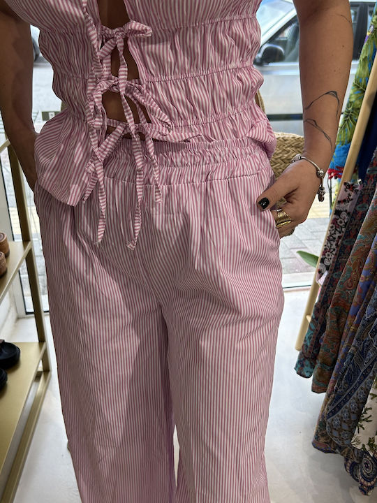 Women's Pink Set with Pants with Elastic Striped