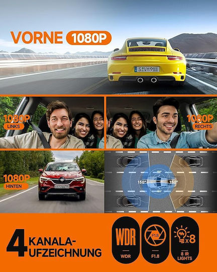 Cameră Auto 4 Canale GPS WiFi Ecran IPS de 3,18 Inch 4K+1080p 2K+2x1080p 4x1080p Card SD 64 GB Senzor G WDR Înregistrare Video în Buclă Viziune de Noapte Control Vocal Monitorizare Parcare Vizualizare Față Spate Interior