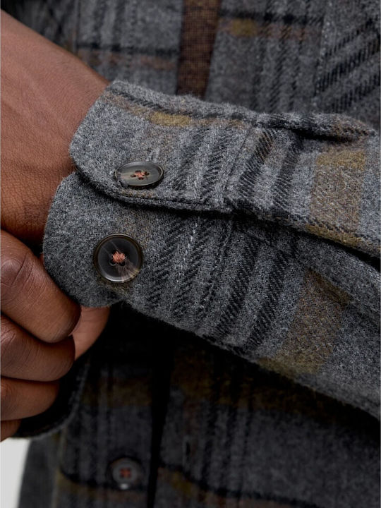 Дълъг Ръкав Памучен Overshirt с Стандартна Кройка Каре Сив