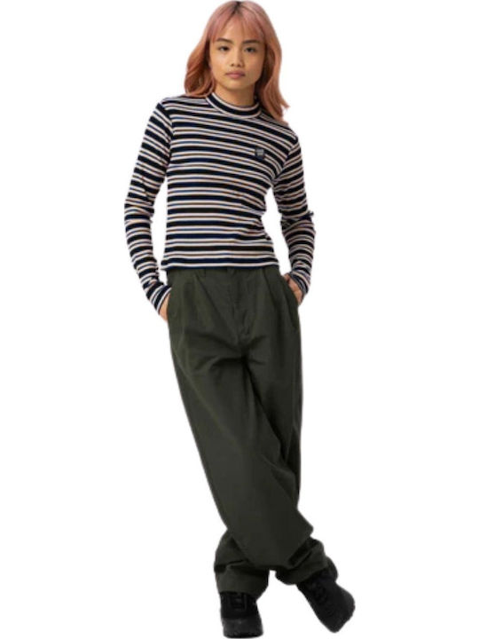 Women's Blouse Cotton Long Sleeve Striped Navy Blue