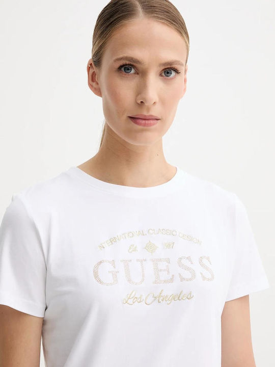 T-shirt Guess Femme Blanc Et Vert Séquins - Manches Courtes, Taille L, Coupe Loose