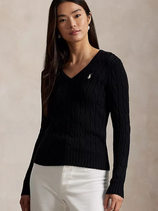 Damen Langarm Pullover Baumwolle mit V-Ausschnitt Schwarz