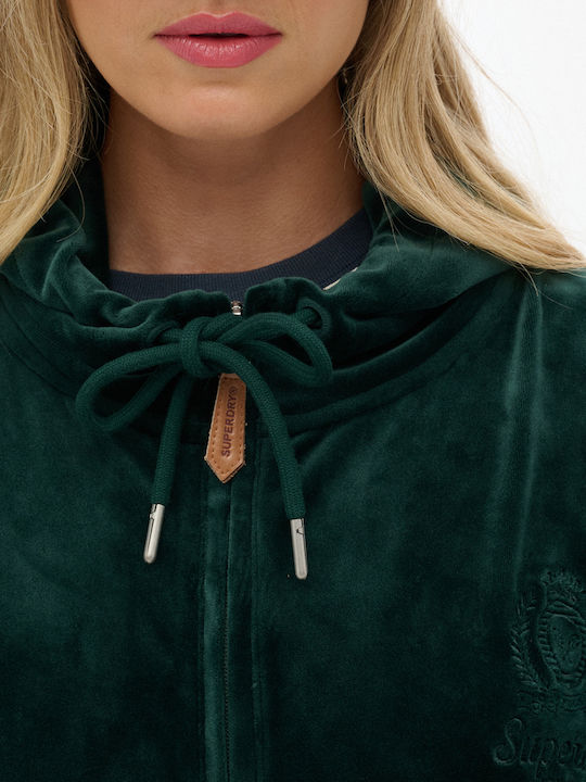 Country Club Long Women's Sweatshirt Jacket Velvet Hooded Enamel Green