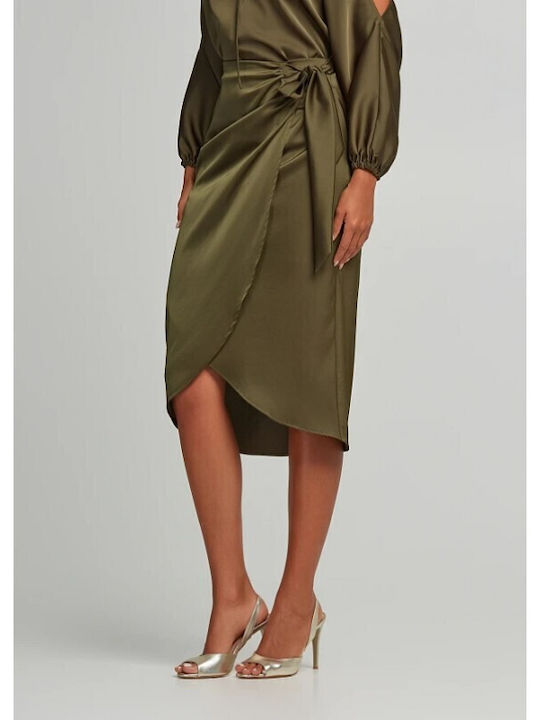 Satin Midi Skirt Envelope Khaki
