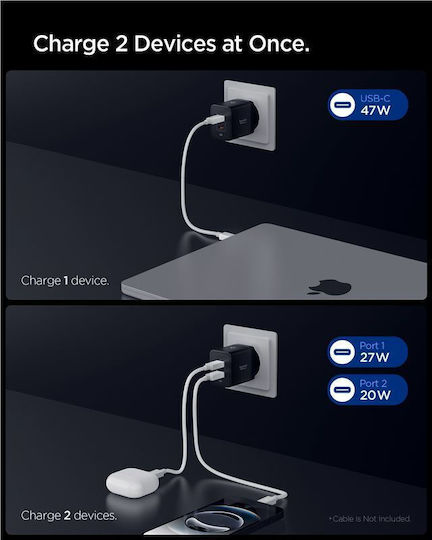 Spigen Φορτιστής Χωρίς Καλώδιο με 2 Θύρες USB-C 47W Μαύρος (Essential)