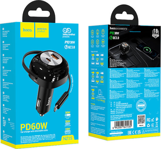Hoco NZ15 Autoladegerät 60W 2.4A Schnellladen mit Anschlüssen: 1xUSB-A 1xType-C mit Eingebettet Kabel Typ-C Schwarz Farbe